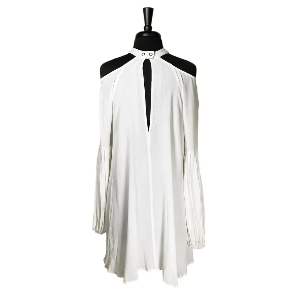 Free People Womens M Ivory Cold Shoulder Tunic Dress Pleated Boho Flowy Mini